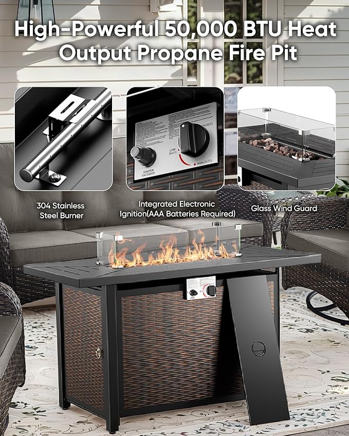 7 Pieces Outdoor Furniture with Fire Pit Deep Seating Outdoor Glider Loveseat with Patio Swivel Chairs Outdoor Furniture Set for Deck Porch Garden Balcony Poolside-Brown/Grey