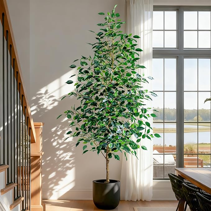 7FT Artificial Ficus Trees Indoor Faux Trees Indoor Fake Floor Plants Tall Artificial Tree with White Pot Faux Tree Fake Indoor Tree Silk Plants Artificial Trees for Home Decor Indoor