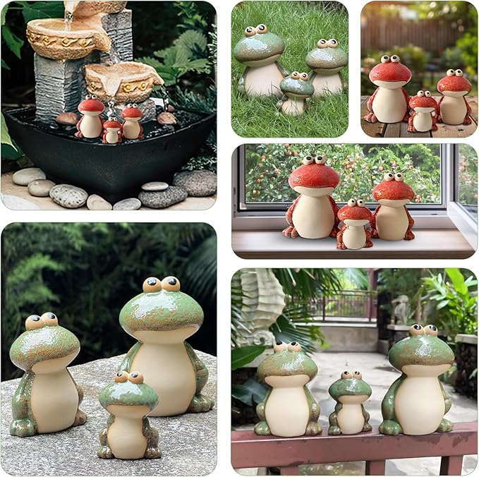 Frog Decor for Outdoor Garden Set of 3 - Cute Ceramic Frog Statues for Lawn, Pond, Patio, or Porch - Whimsical Ornaments, Funny Yard Decor, Ideal Chrismtas Gifts Decorations for Mom Grandma (Green)