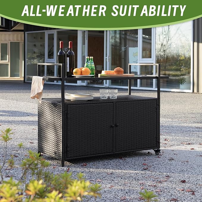 Outdoor Wicker Bar Cart, 51.18" Patio Wine Serving Cart with Tempered Glass Top, Rolling Beverage Table with Wheels & Storage Shelf for Garden, Backyard & Poolside, Black
