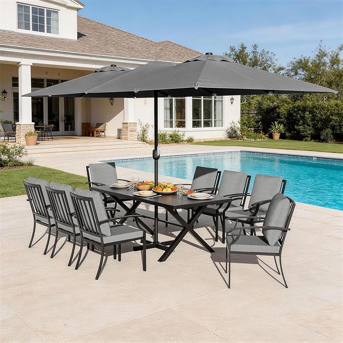 10 Pieces Patio Dining Set,Metal Outdoor Furniture Set Includes 13.6FT Grey Umbrella,Hole Cut-Out 78.7" x 35.4" Table and 8 Metal Backrest Chairs for Backyard,Garden,Grey