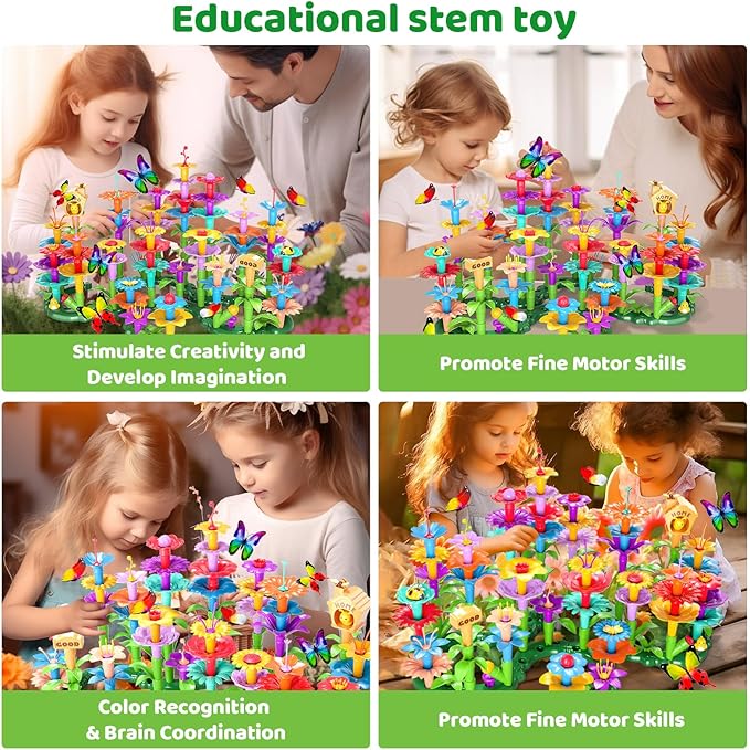 Doloowee 184Pcs Flower Garden Building Toys for Girls 3 4 5 6 7 Year Old, Upgrade DIY Building Stacking Toys, STEM Preschool Educational Toddler Toys Brain Development Kindergarten Kids Toy