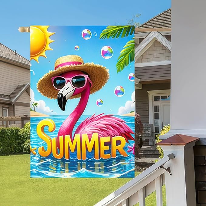 Hello Summer Flamingo Welcome Garden Flag 12 x 18 Inch Double Sided Ocean Beach Tropical Plant Farmhouse Small Yard Flag Summer Seasonal Holiday Outdoor Outside Decoration