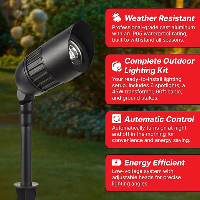 CHAMPION ELECTRONICS 6-Pack Outdoor Low Voltage Landscape Spotlights, 6×3W 200LM, 3000K Warm White, Dusk to Dawn, IP65 Waterproof Path Lights with Transformer, 60FT Cable & Ground Stakes