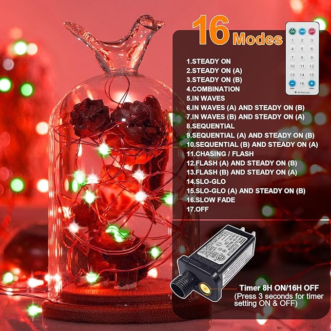 LAMPHOME Fairy Lights Plug in, 33Ft 100 LEDs Waterproof Twinkle Firefly Lights, Adaptor Included, Starry String Lights for Wedding Indoor Outdoor Christmas Patio Garden Decoration, Red and Green