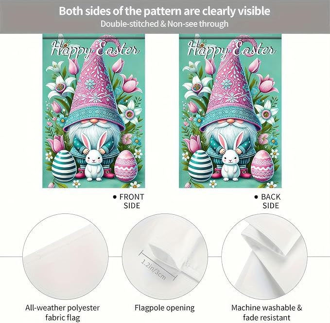 Happy Easter Garden Flag 12x18 Inch Double Sided Easter Gnome Bunny Floral Egg Design Small Outdoor Yard Flag Spring Easter Decor for Porch Lawn Patio Garden