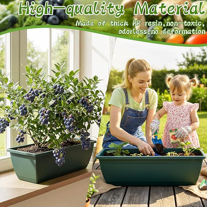 8 Pack 24 Inches Plastic Flower Window Box Planters with Water Absorbing Net Drainage Holes & Visible Water Level Window, Rectangular Vegetable Flower Pots for Indoor Outdoor Garden(Green)