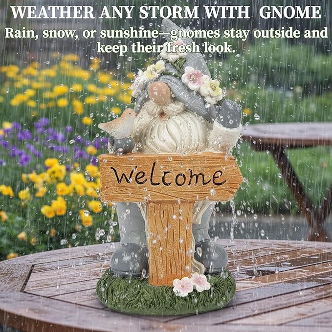 Welcome Gnome Statue with Card & Bird - Garden Gnome Figurine for Outdoors, Resin Lawn Decor - Perfect Outdoor Gnomes Decorations for Yard, Patio, Porch - Welcome Statue Gift for Garden Lovers
