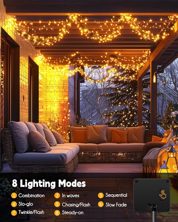 Brightown Solar String Lights for Outside, 19.6Ft 240 LED Solar String Lights Outdoor Waterproof, Solar Fairy Lights with 8 Modes for Patio Party Garden Yard Home, Warm White