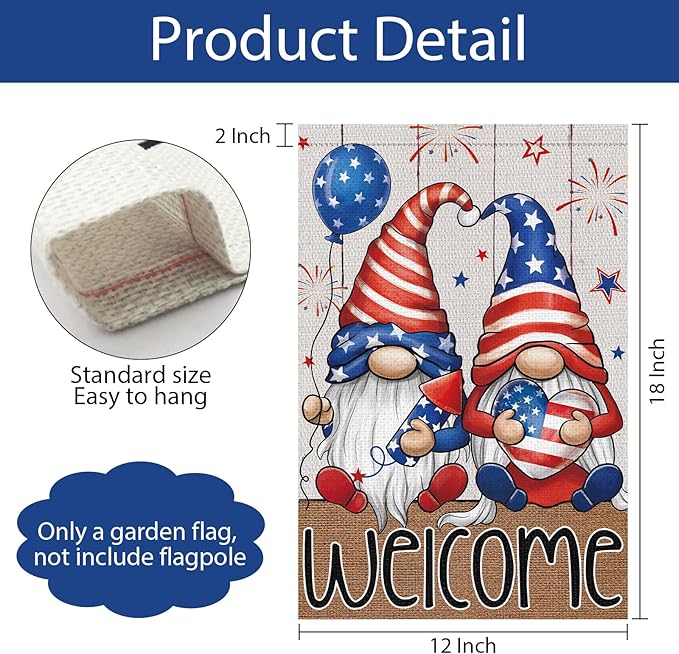 4th of July Garden Flag 12x18 Double Sided Vertical Small Burlap Welcome Patriotic Gnome Independence Day Memorial Day Yard Outdoor Decoration