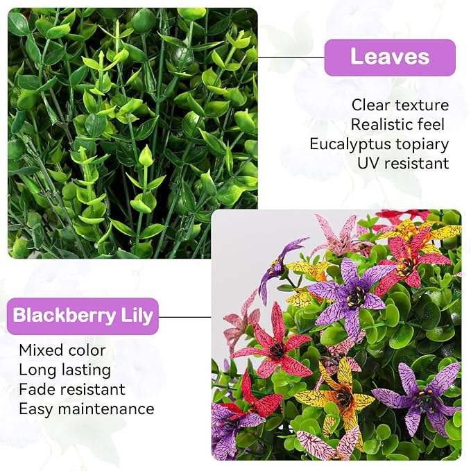 ENVEN Artificial Topiary Ball Tree Outdoor Plants with Ground Spike 22"- UV Resistant Faux Shrubs, Eucalyptus Fake Plants for Indoor & Garden, Yard, Porch, Patio Decor (Mixed Color BlackBerry Lily)