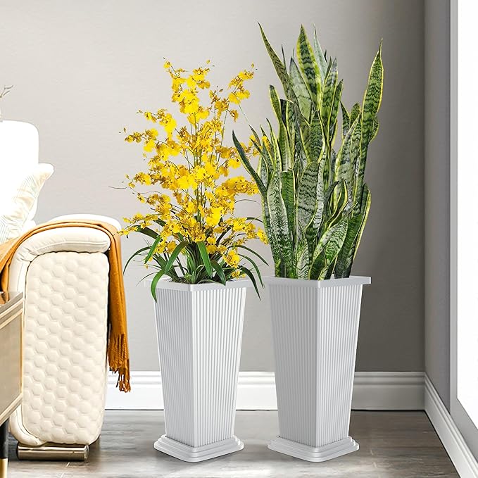TUYOHW Set of 2 Large Tall Planter for Indoor or Outdoor 24" Flower Pots Tapered Tall Planters with Tray for Porch, Patio, Backyard, Large Planters for Outdoor Indoor Plants(White,Striped)