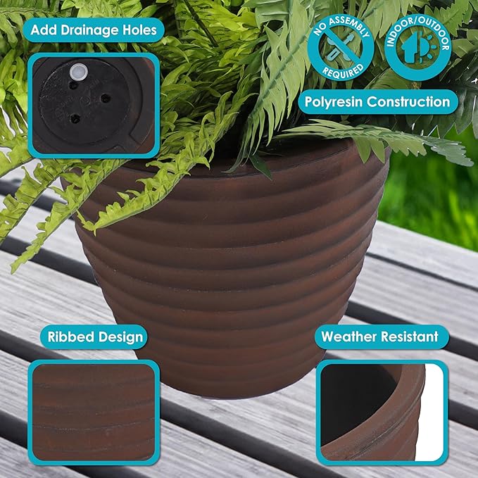 Sunnydaze Ribbed 13" Outdoor Plant Pot - Polyresin Double-Walled Planter for Indoor or Outdoor Use - Rust - Set of 4