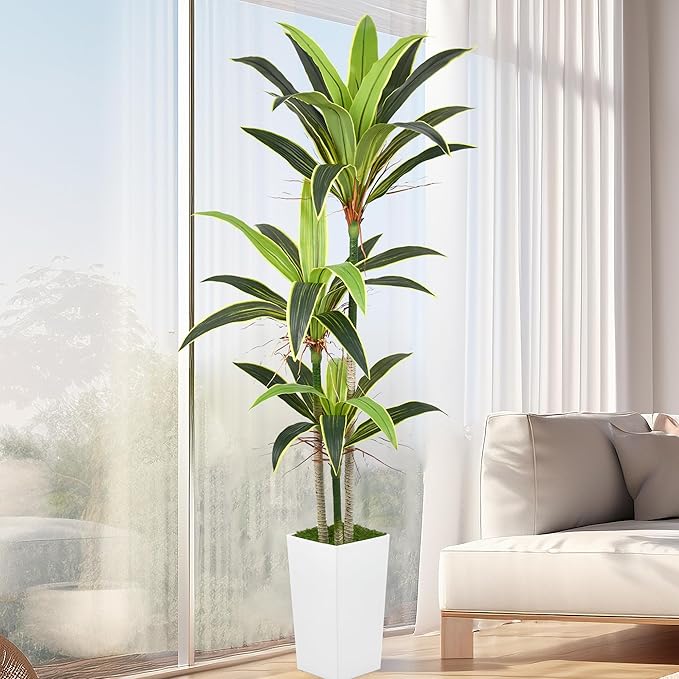 Aritificial Dracaena Tree 6FT Faux Floor Plant in Tall White Pot with Realistic Trunks and 46 Leaves Fake Tropical Yucca Plant for Home Office Decor Indoor Housewarming