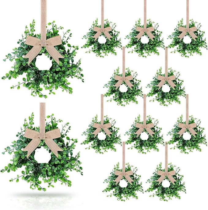 12 Pcs Mini Boxwood Table Centerpieces Green Pillars Candle Rings Wreaths 9 Inch Wreath for Cabinets Farmhouse Wreaths with Ribbon for Front Door Porch Wall Window Decorations