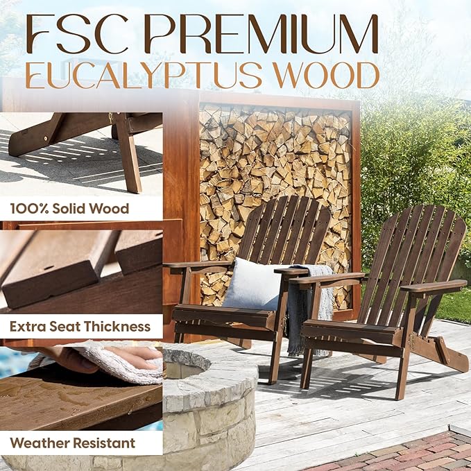 Idzo Outdoor Wooden Folding Adirondack Chair Set of 2 with Pre-Assembled BackRest, Wood Patio Chair for Garden Backyard Porch Pool Deck Firepit