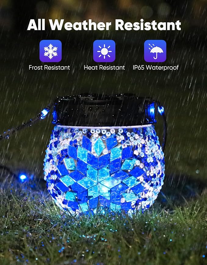 Mosaic Solar Lights Outdoor 2 Pack, Solar Hanging Lanterns Christmas Halloween Gifts for Women Mom Grandma, Waterproof Glass Globe Lights, Garden Patio Decor for Yard, Tree, Balcony, Cold