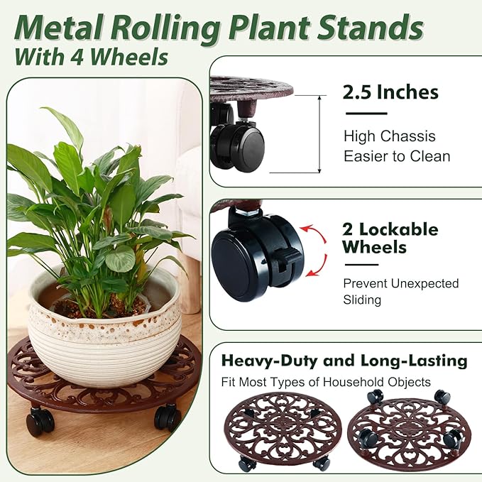 2 Packs 14 Inch Rolling Plant Stand with Wheels Metal Plant Caddy with Wheels Heavy Duty Round Plant Stand Indoor Iron Plants Rollers for Plants, Plant Dolly Brown