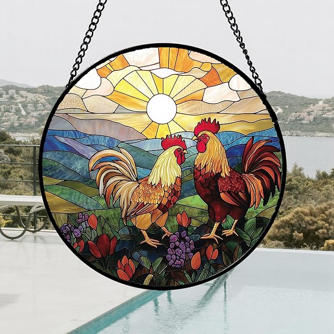 Stained Glass Window Hanging, Countryside Scenery Chicken Sun Catcher for Door Home Decor Sunrise Suncatcher Christmas Mother's Day Birthday Gifts for Women Men Mom Nana 9.8 in