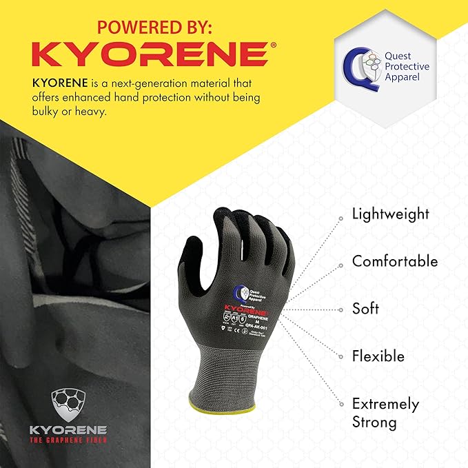 Quest Protective Apparel Cut Resistant Work Gloves (ANSI A1) – Lightweight Graphene Gloves for Gardening,DIY, Mechanical & General Handling – Breathable Grip Gloves for Men & Women – Medium, Pack of 3