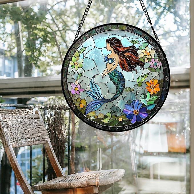JOSUMALY Stained Glass Window Hanging - Light Blue Mermaid Suncatcher for Door Terrace Garden Home Decor, Ocean Flowers Sun Catcher Birthday Gifts for Lovers Women Men Dad Mom Nana 11.8 in