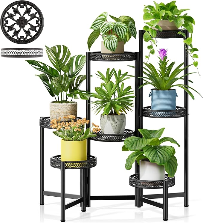 NQW 7 Tier Large Metal Plant Stand Indoor Outdoor with 7.9 Inch Wide Tray, Tiered Corner Plant Stand, Flower Display Holder Shelf, Folding Tall Rack for Patio Porch Balcony Living Room Garden - BlackWave