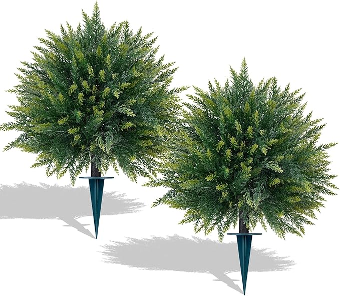 EverNature 2 Pack Artificial Cedar Topiary Trees with Ground Spike, Fake Pine Shrubs Bushes, UV Resistant Faux Evergreen Cypress Tree Plants for Indoor Outdoor Planters Front Porch