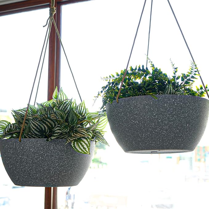 SwinDuck 12 Inch 2 Pack Large Hanging Planters for Indoor Outdoor Plants, Plastic Hanging Basket Pots for House Plants Flowers, Grey