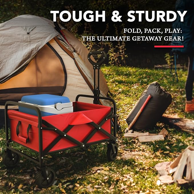 Lifetime Home Collapsible Foldable Heavy Duty Utility Wagon Cart with Larger Capacity - Perfect for Shopping, Sports Events, Grocery, Moving, Camping, Laundry, Beach - Red