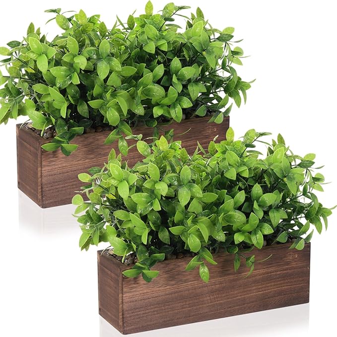 Lyrow 2 Pack Artificial Eucalyptus Plant in Rectangular Rustic Wooden Planter Box Faux Potted Herb Plant Table Centerpiece for Kitchen Windowsill Shelf Decor (Brown,11.4 '')