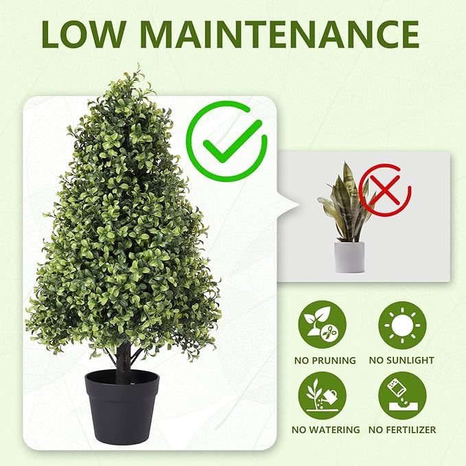 Azoco 30" Artificial Boxwood Topiary Trees Outdoor Set of 2 - UV Resistant Faux Plants for Front Porch Outside Planter, Realistic Fake Cone-Shaped Bushes & Shrubs 2.5ft