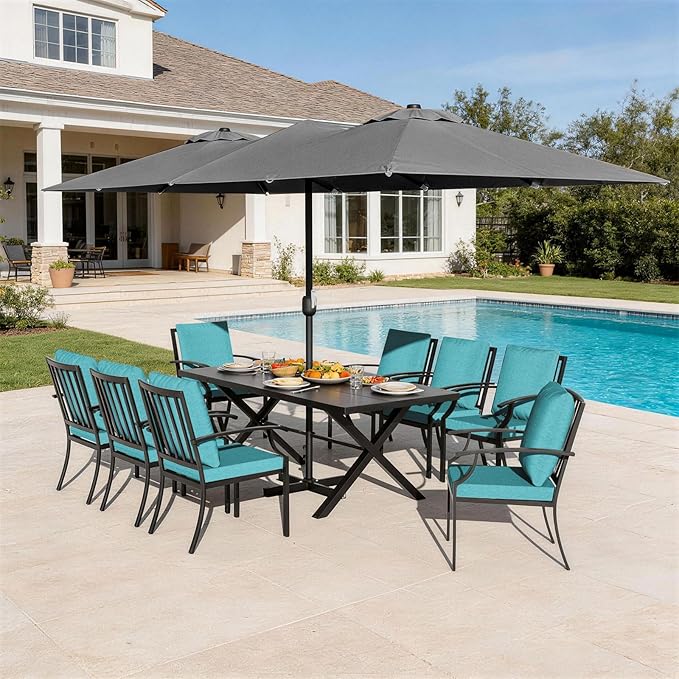 10 Pieces Patio Dining Set,Metal Outdoor Furniture Set Includes 13.6FT Grey Umbrella,Hole Cut-Out 78.7" x 35.4" Table and 8 Metal Backrest Chairs for Backyard,Garden,Blue