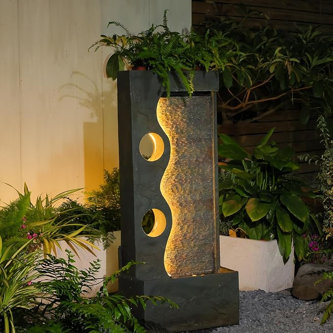 46.8" H Water Fountain Outdoor Water Fall Fountains Indoor Waterfall Modern Fountain with LED Lights Floor-Standing for Outside Garden, Patio, Backyard, Deck, Porch, Landscaping, Balconies