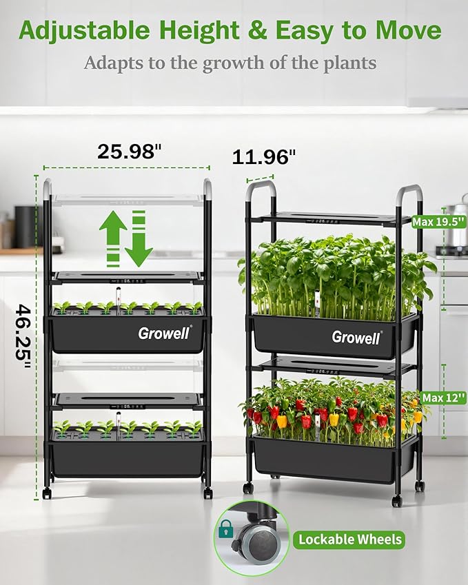 Large Hydroponics Growing System Kit, Vertical Indoor Herb Garden Kit with LED Grow Light & Independent Water Pump, 28L Movable Indoor Planter Perfect Gardening Gifts (2 Tier-54 Pods Black)