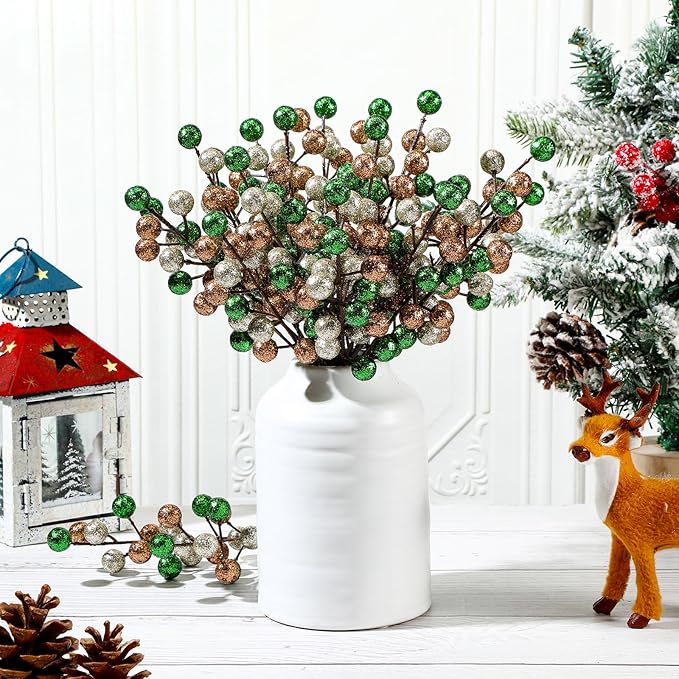 24 Pcs Christmas Glitter Berries Stems, 8.8" H Artificial Christmas Picks for Xmas Tree Ornaments, Holiday Wreath DIY Crafts, Xmas and Home Decor(Green, Brown, Beige)