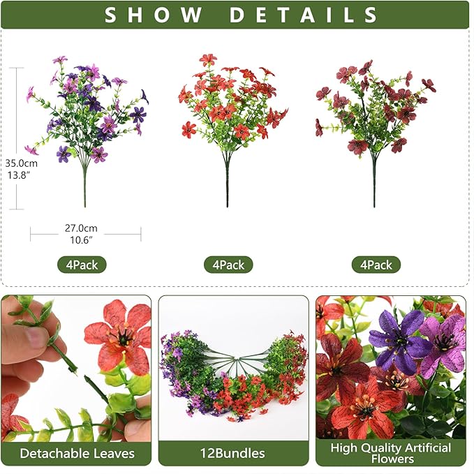 Artificial Flowers for Outdoors 12 Bundles Fake Plants Spring Home Decoration, Realistic Faux Flower Silk Daisy with Eucalyptus Stem UV Resistant Patio Planter Porch Yard Window(Mix 4 Colors)