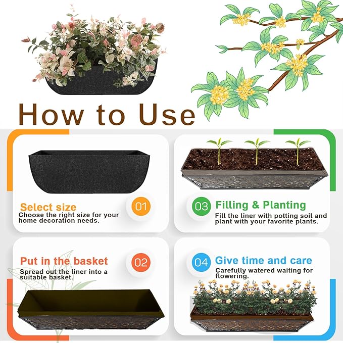 1-Pack 36in Planter Liners - Breathable Felt Hanging Basket and Window Box Liners - Prevent Root Suffocation and Bird Damage - Black