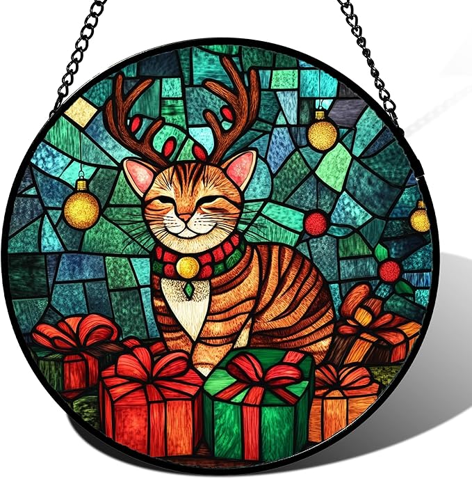 Stained Glass Window Hanging Cat with Elk Antlers Large 15" - Suncatcher Door Garden Sun Catcher Home Decor Birthday Christmas for Lost Pets Mom Men Woman Nana