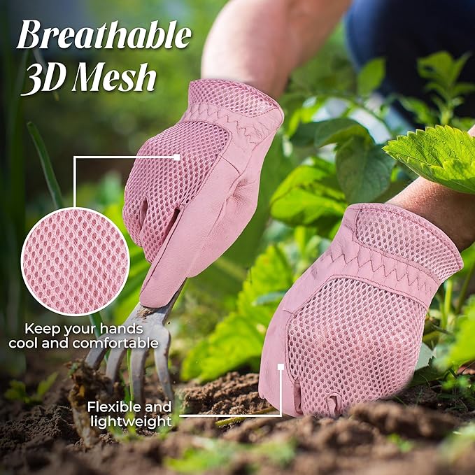 HANDLANDY Work Gloves for Women, Breathable Leather Gardening Glove for Yard Maintenance, Hand Protection with Touch Screen for Gardeners, Farmers