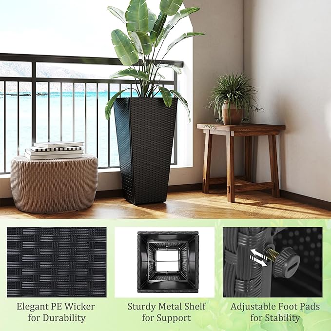 Giantex Set of 2 Outdoor Wicker Flower Pot, 30 Inch Tall Planters with Drainage System, PE Rattan Flower Pots, Indoor Outdoor Decoration for Front Porch Balcony Entryway