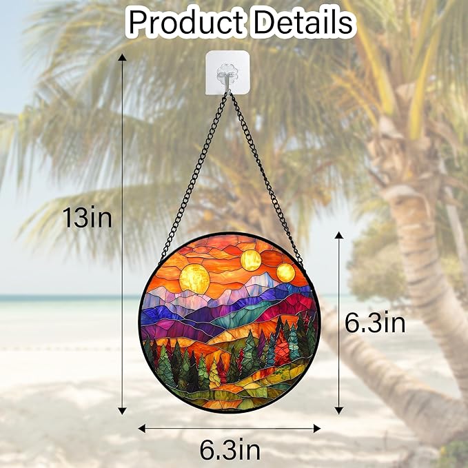 DASTOLL Stained Glass Window Hanging, Sunset Abstract Sun Catchers Colorful Glass Panel Landscape Suncatcher Decor for Birthday for Women, Men, Wife, Aunt, and Mom 6.3 in