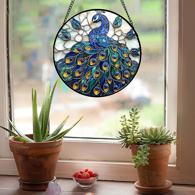 AMDERVEN Stained Glass Window Hanging - Peacock Blue Gold Feathers Sun Catcher for Door Garden Home Decor Bird Suncatcher Christmas Mother's Day Birthday Gifts for Women Men Mom Nana 11.8 in