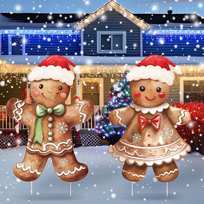 Nuanchu 2 Pcs Metal Gingerbread Yard Signs Christmas Yard Sign Stake 26.0 Inches Waterproof Gingerbread Boy and Girl Lawn Signs Christmas Outdoor Decorations for Outside Xmas Garden Holiday Decor