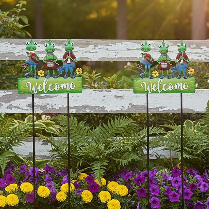 Frog Garden Stakes Decorative Large 41.7inch with Welcome Yard Sign, Whimsical Musical Frogs for Garden Decor Metal Yard Art Outdoor