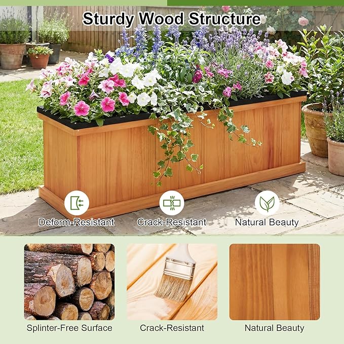 Giantex Outdoor Raised Garden Bed, 40” x 13” x 12” Pine Wood Planter Box with 3 Drainage Holes, Removable Bottom & Bed Liner, Rectangular Flower Container for Vegetables, Herbs, Indoor & Outdoor