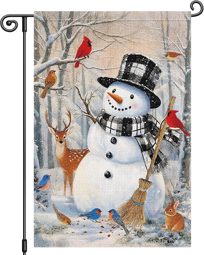 Louise Maelys Winter Garden Flag Snowman Cardinal Deer Rabbit 12x18 Inch Double Sided Welcome Christmas Xmas Holiday Seasonal Plaid Small Burlap Yard Sign Outside Outdoor House Decor