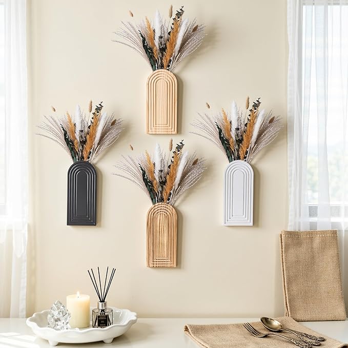 DREAMLOOM 2 Pack Wooden Wall Vases with Dried Pampas Grass and Eucalyptus Plants, Wall Hanging Planters Boho Modern Farmhouse Indoor for Narrow Spaces Entryway Bathroom Home Office Decoration, Black