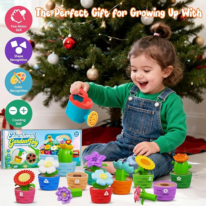Montessori Flowers Garden Toy for Toddlers, Gardening Set with Watering Can, Shovel, Rake, Shape & Color Sensory Toys, Educational Preschool Learning Toys, Gifts for Baby Girls Boys Ages 1 2 3 4