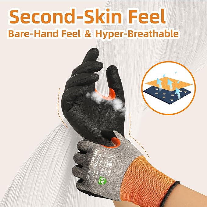 Schwer A6 AIR-SKIN Cut Resistant Work Gloves, Comfortable & Breathable, 21-Gauge Seamless Knit Flexible Safety Working Gloves with Grip for Refined Tasks, Touch-screen, Non PFAS, 1 Pair, L, AR5926