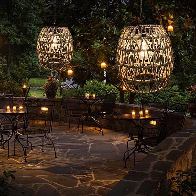 Larekook Hanging Solar Lanterns Outdoor Waterproof, Natural Seeweed Rattan Lantern Bamboo Woven Hanging Pendent Light with Edison Bulb,Solar Chandelier Outdoor Light for Gazebo Garden Porch Patio